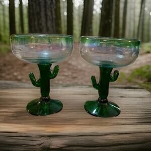 Bubble Specks Mexican Hand Blown Saguaro Cactus Stem 2 Margarita Glasses 6.25"t